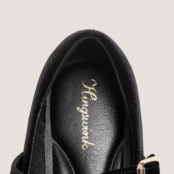 Women Velvet Black Polyurethane (PU) Closed Toe Strap Buckle Ballerina Flats - Picture 5 of 8